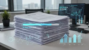 A stack of legal documents with an AI scan progress bar showing efficiency visualization in professional photography