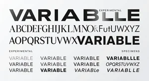 Modern typography showcase with bold experimental fonts, kinetic type layouts, variable font specimens, elegant serif and geometric sans-serif combinations