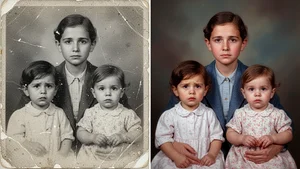 Side by side comparison showing damaged scratched old family photo restored to vibrant color