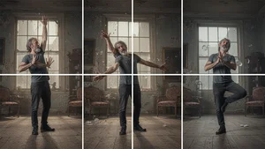 Sequential scenes showing the same character in different poses and environments while maintaining perfect visual consistency