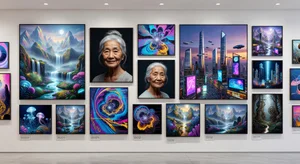 A collection of creative AI-generated images displayed on a gallery wall showing breathtaking variety including fantasy landscapes, realistic portraits, abstract art, and futuristic cityscapes, representing the full creative potential of AI image generation tools for beginners