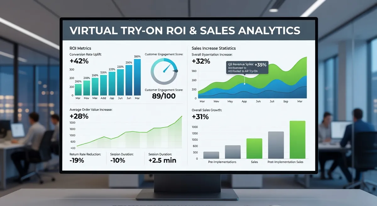Infographic showing key ROI metrics including percentage improvements in conversion rates, reduction in returns, and increase in customer satisfaction