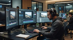 Professional photo editor working efficiently with AI tools