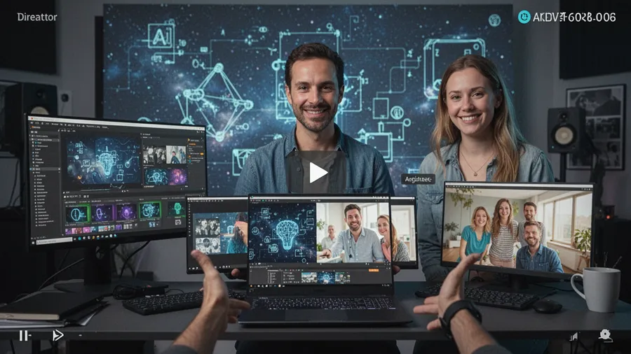 Creator demonstrating multiple video projects with different AI-replaced backgrounds from professional to casual to creative settings