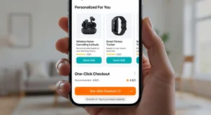 Mobile shopping experience showing personalized product recommendations and one-click checkout on smartphone with smooth interface