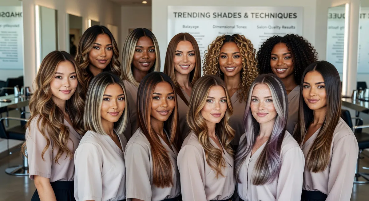 Diverse women showcasing hair color trends with dimensional balayage and natural tones