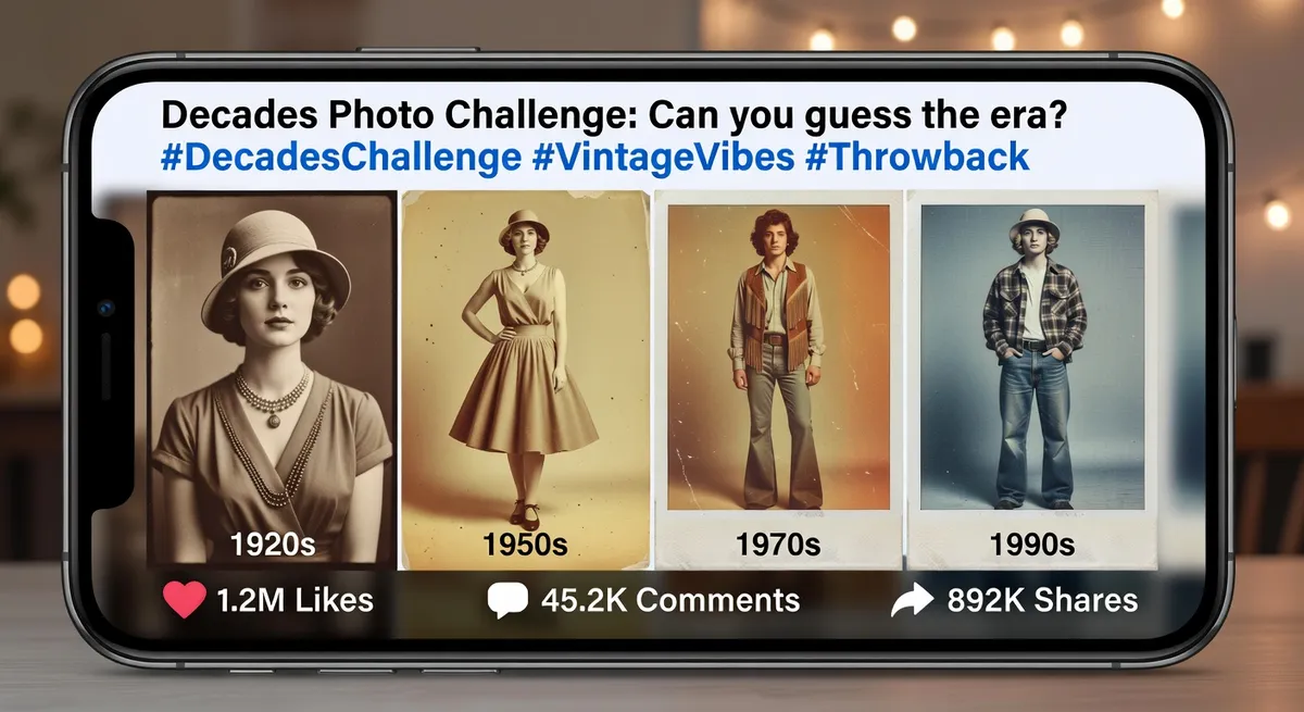 Viral social media post showing decades photo challenge with vintage filters, engagement metrics and shares visible