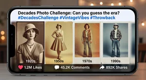 Viral social media post showing decades photo challenge with vintage filters, engagement metrics and shares visible