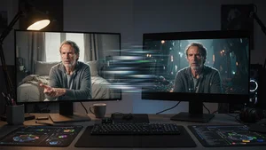 Split view of a still photo transforming into cinematic video with motion blur transition