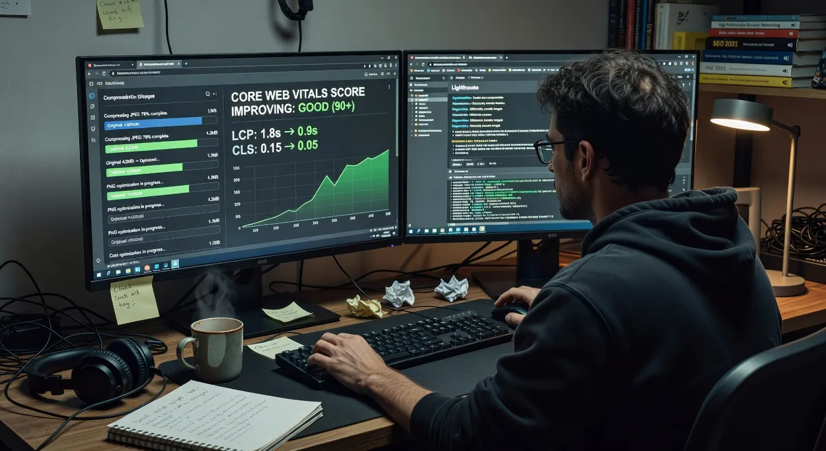 Web developer optimizing image loading speed with compression tools showing Core Web Vitals score improving, technical SEO workspace