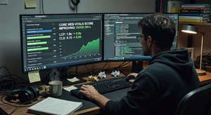 Web developer optimizing image loading speed with compression tools showing Core Web Vitals score improving, technical SEO workspace