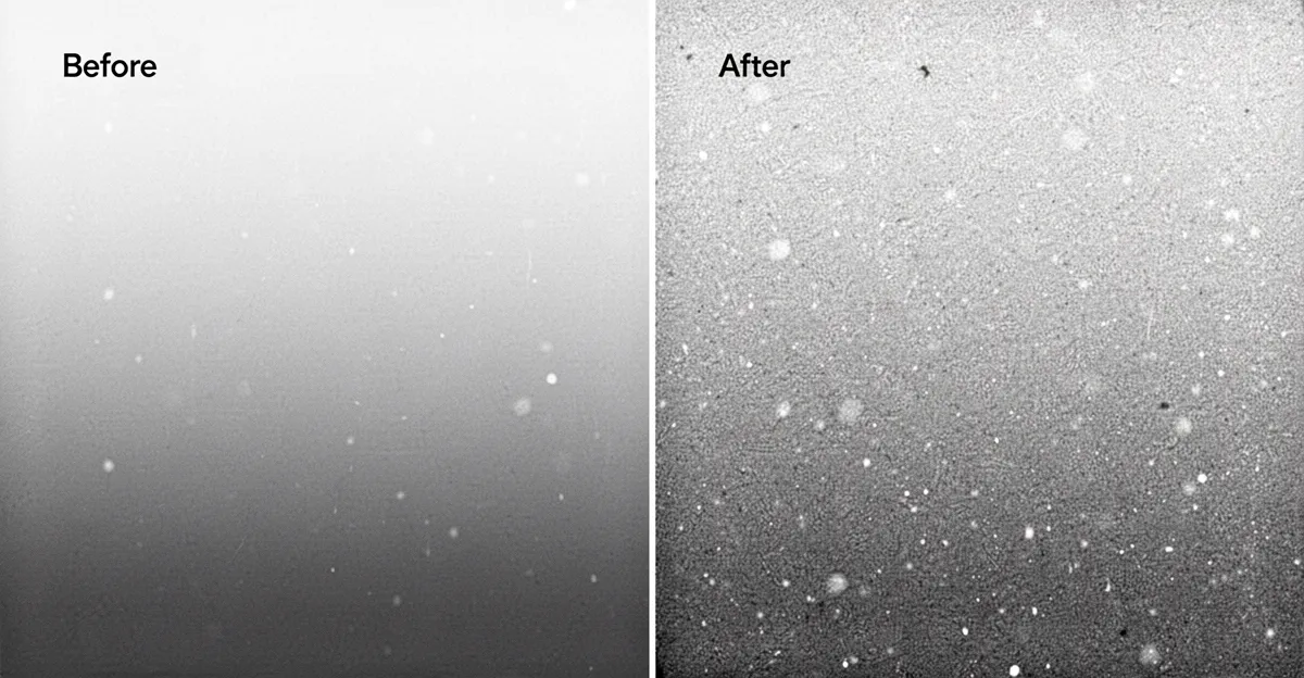 Close up comparison of smooth gradient versus grain textured gradient showing how subtle noise adds organic film like quality