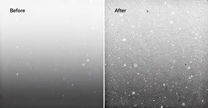 Close up comparison of smooth gradient versus grain textured gradient showing how subtle noise adds organic film like quality