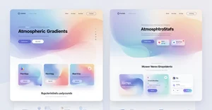Website examples showing atmospheric gradients used in hero sections, card backgrounds, section dividers, and UI components