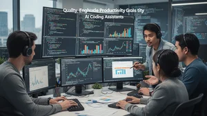 Programming team reviewing code quality metrics and productivity gains