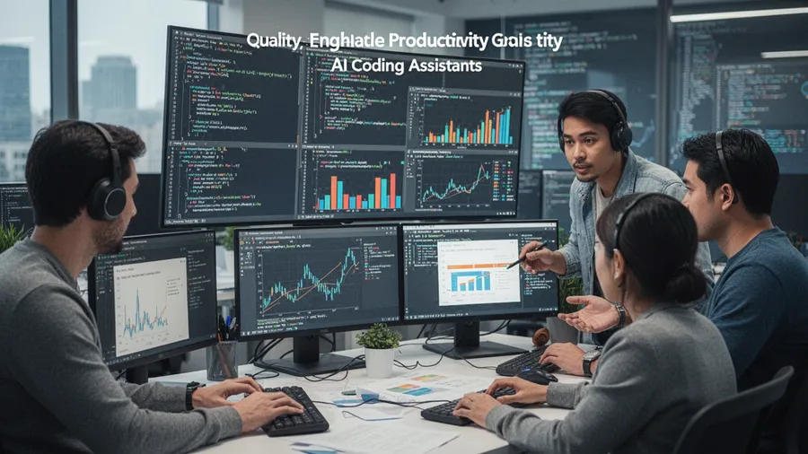 Programming team reviewing code quality metrics and productivity gains