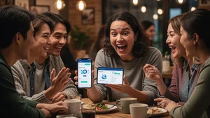 Person excitedly showing AI tool results to friends on phone in a casual social setting