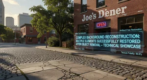 Complex background with multiple elements successfully reconstructed after object removal