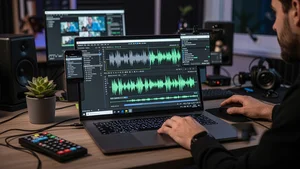 Creator editing video with visible audio waveform on laptop screen