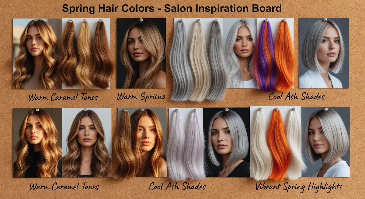 Spring hair colors collage showing warm caramel, cool ash, and vibrant highlights