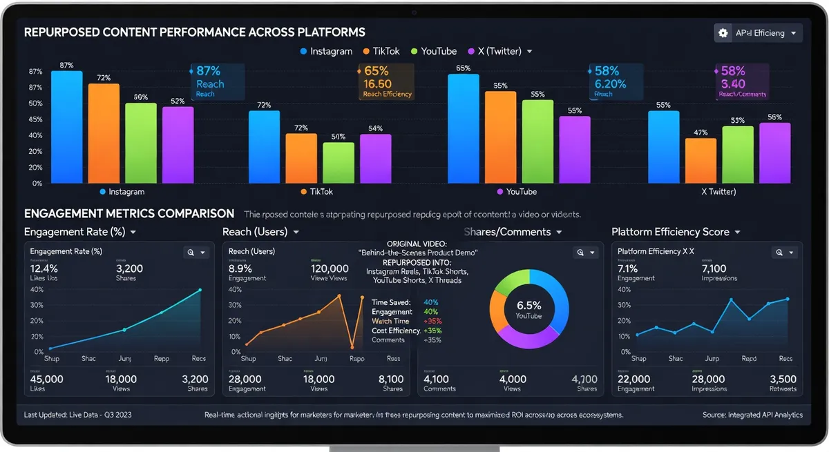 Dashboard interface showing automated video distribution schedule across multiple platforms with optimal posting times, engagement metrics, and AI-generated content variations