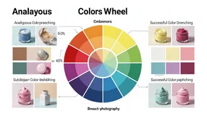 A color wheel showing analogous color schemes with examples of successful color drenching combinations for product photography