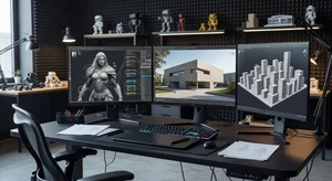 Professional 3D artist workspace with dual monitors showing advanced 3D modeling software and detailed character models
