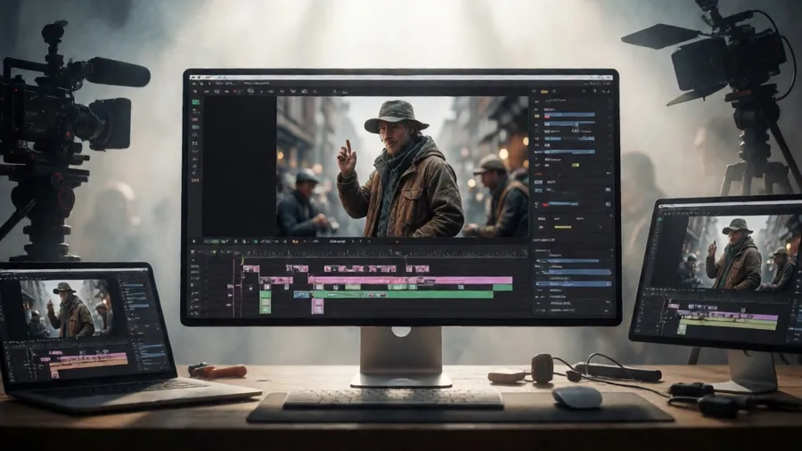 Professional film production workspace showing AI video tools and timeline