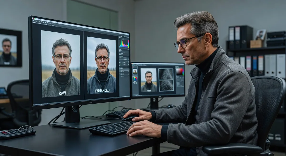 Photographer examining high resolution enhanced photos on professional monitor, detailed image quality comparison, modern photo editing studio