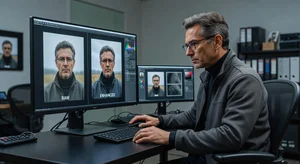 Photographer examining high resolution enhanced photos on professional monitor, detailed image quality comparison, modern photo editing studio