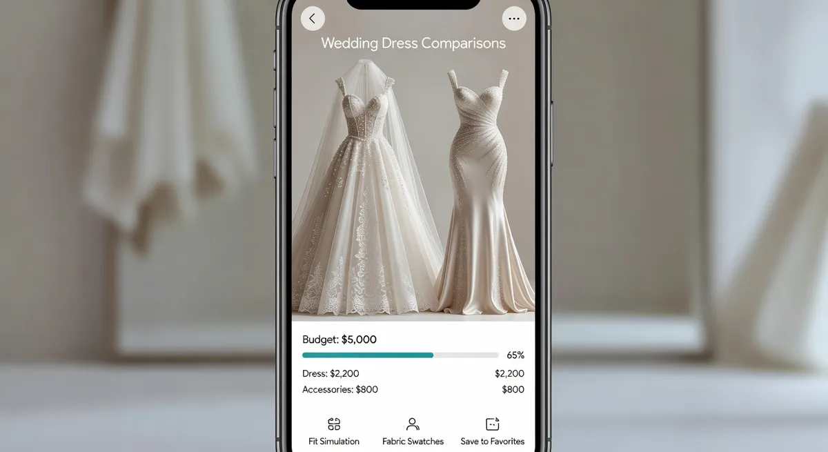 Smartphone showing wedding dress comparisons and virtual fitting room interface