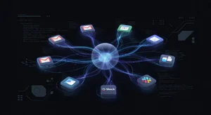 Futuristic personal AI assistant interface showing connected apps in a unified hub with glowing connections