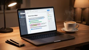AI writing workspace with a document, editing suggestions and content tools on screen