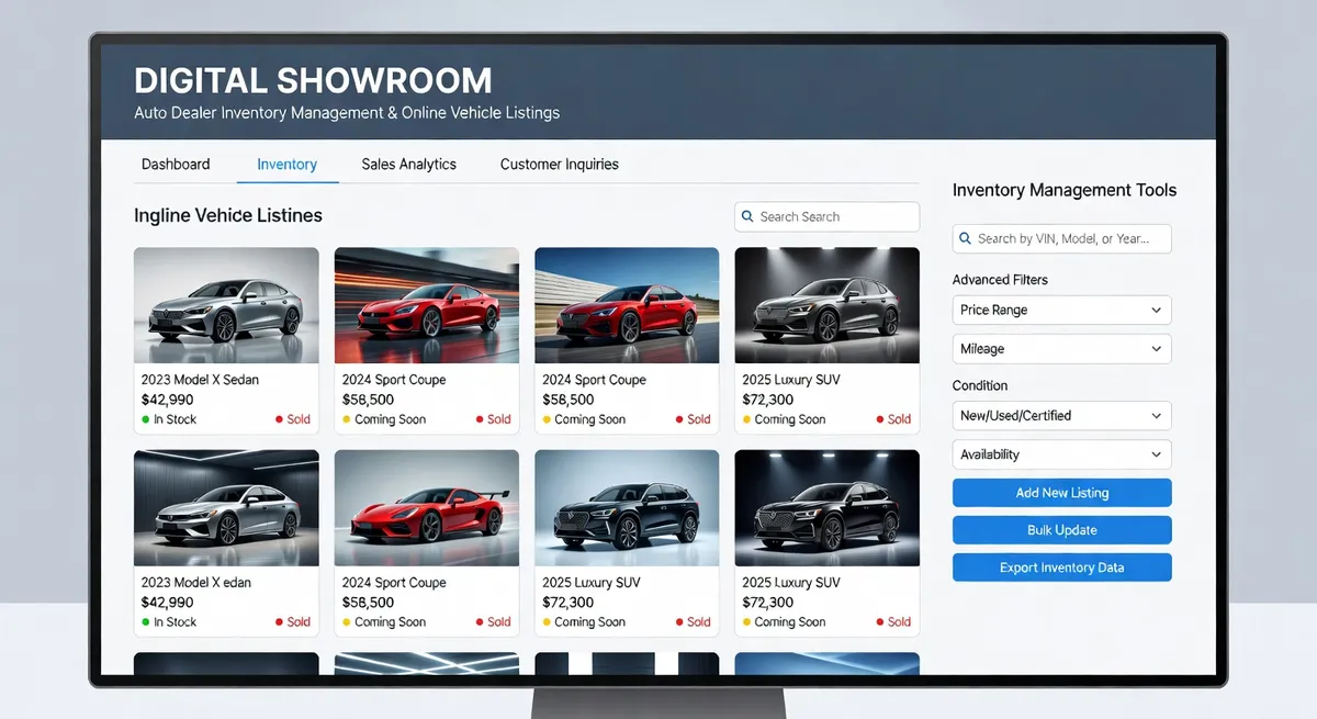 Automotive dealership digital inventory website showing clean professional vehicle listings with consistent background treatment