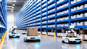 Warehouse with multiple humanoid robots navigating aisles and moving packages autonomously