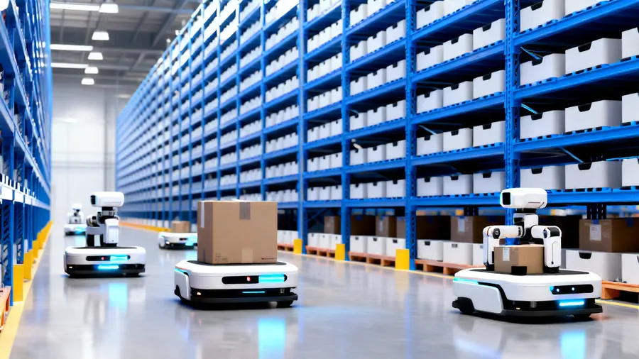 Warehouse with multiple humanoid robots navigating aisles and moving packages autonomously