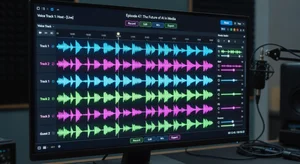 Waveform visualization of AI generated speech, audio editing interface with multiple voice tracks, professional audio production software