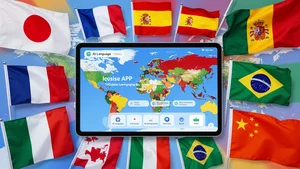 Multiple world flags surrounding an AI language learning app on a tablet, representing the global diversity of languages available