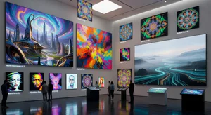 A professional digital artist's workspace showing multiple AI-generated image variants displayed on large monitors, with prompt engineering notes and comparison grids visible, representing the workflow of selecting optimal AI image outputs