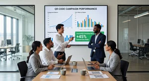Marketing team analyzing QR code campaign performance data, engagement metrics dashboard, successful campaign results, professional workspace