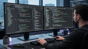Developer using AI coding assistant showing real-time code suggestions and autocomplete
