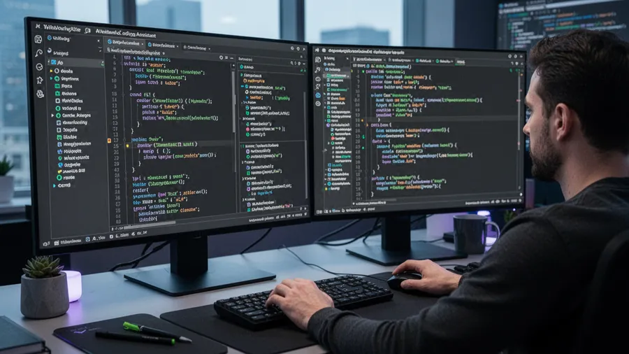 Developer using AI coding assistant showing real-time code suggestions and autocomplete