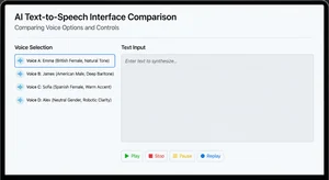AI text to speech interface showing voice selection panel with multiple language options and audio playback controls for content creation