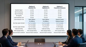 Comparison chart showing AI video platform features, pricing, and capabilities displayed on presentation screen
