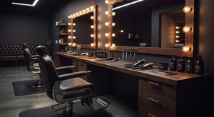 A man examining different professional and casual beard styles on his face through a mirror, showing the decision-making process