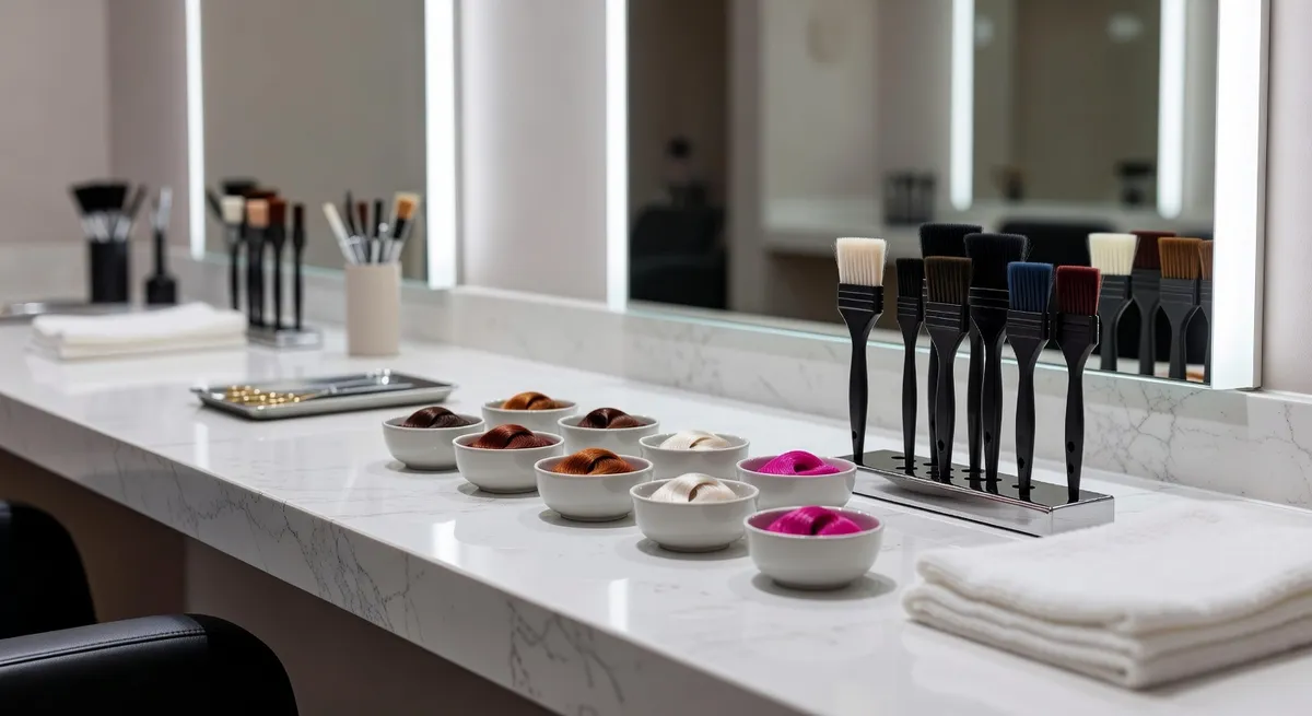 Professional hair colorist workspace with color bowls and brushes