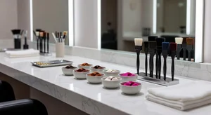 Professional hair colorist workspace with color bowls and brushes
