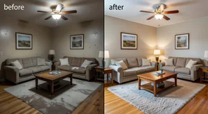 Before and after comparison of a living room listing photo showing the dramatic improvement from AI photo filter processing with enhanced lighting, color balance, and detail