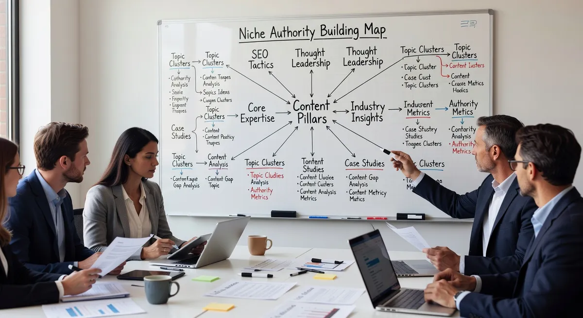 Content strategy planning session showing niche authority building with topic clusters and content pillars mapped on whiteboard