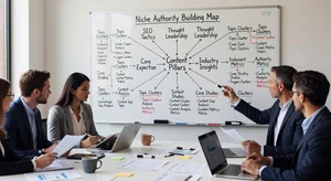 Content strategy planning session showing niche authority building with topic clusters and content pillars mapped on whiteboard